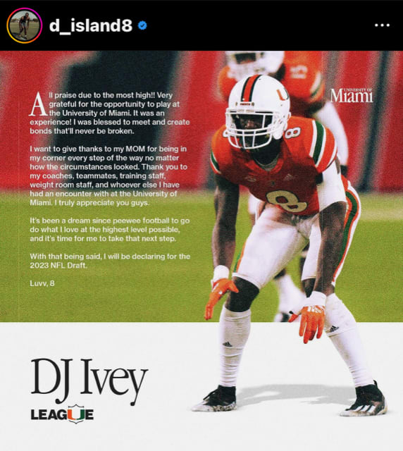 Senior Cornerback DJ Ivey Declares For The NFL Draft - CanesCounty