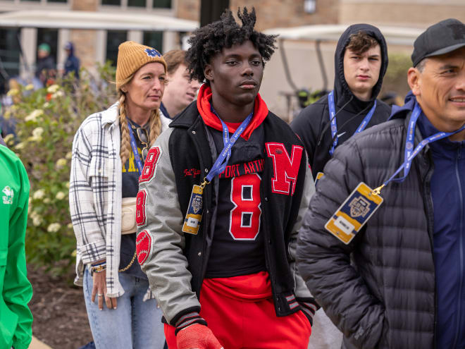Four-star linebacker Tai'Yion King, a 2026 recruit, attended Notre Dame's Blue-Gold Game on Saturday.