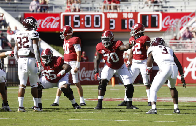 Alabama offensive lineman Alex Leatherwood (70) calls out a block against Texas A&M.  Photo | SEC