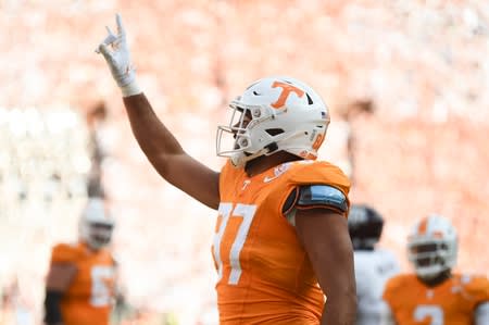 Tennessee tight end Jacob Warren (87) celebrates his touchdown during a football game between Tennessee and Texas A&M at Neyland Stadium in Knoxville, Tenn., on Saturday, Oct. 14, 2023.