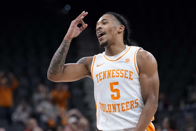 Tennessee guard Zakai Zeigler (5) celebrates after a score against North Carolina State during the first half of an NCAA college basketball game in San Antonio, Saturday, Dec. 16, 2023.