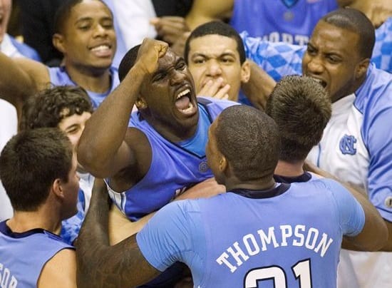 Ty Lawson and the Tar Heels celebrate his game-winning running 3-pointer to win at Florida State in 2009. 