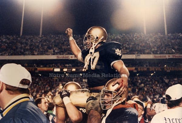Ti-captain Ned Bolcar celebrates Notre Dame's most recent national title after the 1988 season.