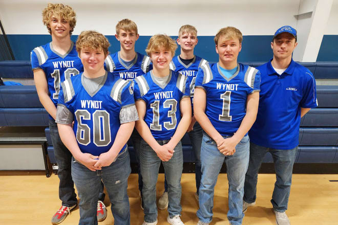Wynot Football moved to No. 3 in our Class D-2 ratings after last week's impressive 32-20 win over Howells-Dodge. Saw these guys in the spring, knew they'd be good: (front row, left to right) Brennan Heimes (60), Carson Wieseler (13), Zach Foxhoven (1), head coach Steve Heimes; (back, l-r) Chase Schroeder (16), Dylan Heine (17) and Corbin Guenther (84).
