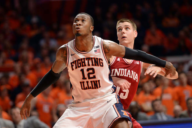 Illinois Fighting Illini Forward Leron Black (12) boxes out Indiana Hoosiers Guard Zach McRoberts (15) after a free throw during the Big Ten Conference college basketball game between the Indiana Hoosiers and the Illinois Fighting Illini on January 24, 2018, at the State Farm Center in Champaign, Illinois. 