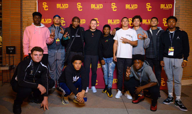 New USC coach Lincoln Riley hosted big-name prospects Sunday on campus. Top row from left: David Bailey, Matayo Uiagalelei, Eli Ricks, Raleek Brown, Domani Jackson, Malachi Nelson, CJ Williams and Daylen Austin. Bottom row:  Mason graham. Makai Lemon, Rodrick Pleasant.