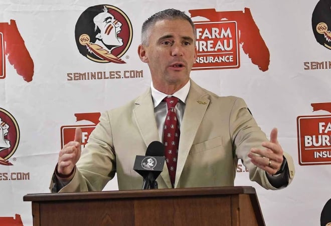 FSU football coach Mike Norvell speaks to the media earlier this year.