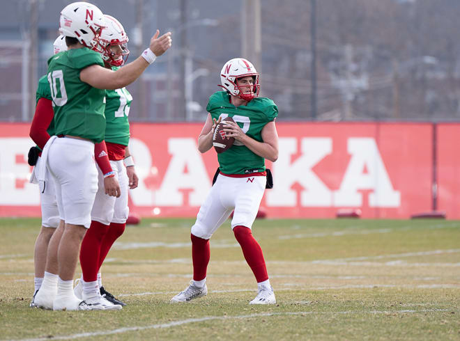 From left: Nebraska football QBs Heinrich Haarberg, Dylan Raiola and Daniel Kaelin