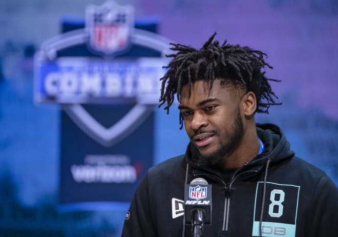 Alabama Crimson Tide defensive back Trevon Diggs speaks to the media on day four of the NFL Combine at Lucas Oil Stadium on February 28, 2020 in Indianapolis, Indiana. (Photo by Michael Hickey/Getty Images)