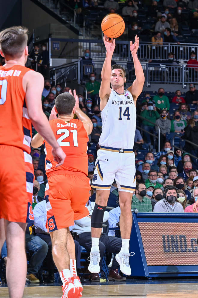 Irish senior forward Nate Laszewski (14) fired in five 3-pointers to help Notre Dame beat Syracuse, 79-69, Wednesday night at Purcell Pavilion in South Bend, Ind.