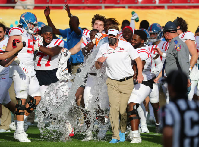 Ole Miss Rebels head coach Lane Kiffin gets a gatorade bath after they beat the Indiana Hoosiers at Raymond James Stadium. Kim Klement-USA TODAY Sports