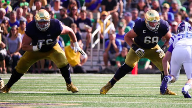 Notre Dame left guard Quenton Nelson (56) and left tackle Mike McGlinchey (68) are both preseason All-Americans.