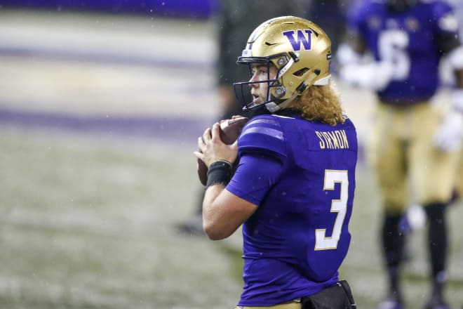 Washington Huskies quarterback Jacob Sirmon (3) throws during pregame warmups at Alaska Airlines Field at Husky Stadium. Photo Credit: Joe Nicholson-USA TODAY Sports