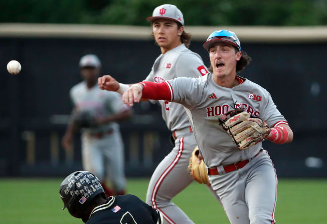Indiana Hoosiers infielder Tyler Cerny (8) throws the ball to first during the NCAA baseball game against the Purdue Boilermakers, Friday, May 3, 2024, at Alexander Field in West Lafayette, Ind. Purdue won 7-4.