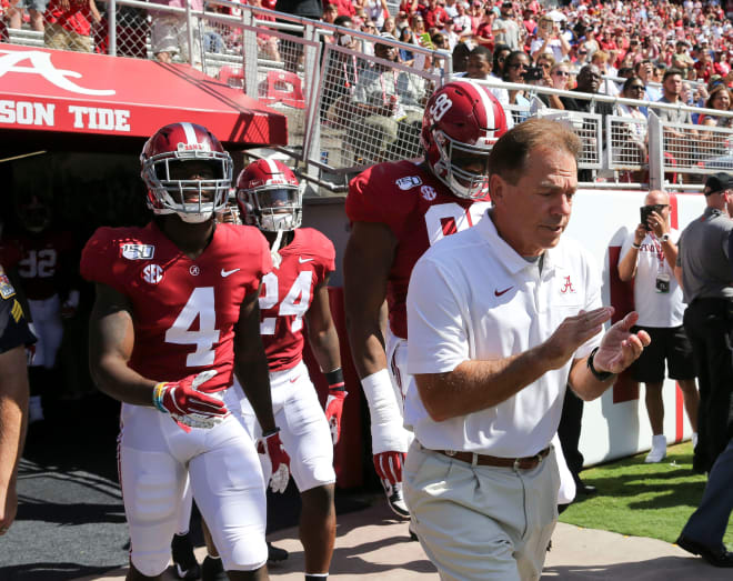 oach Nick Saban leads the Crimson Tide players onto the field before Alabama's 49-7 victory over Southern Miss Saturday, Sept. 21, 2019 in Bryant-Denny Stadium. Photo | Gary Cosby Jr.