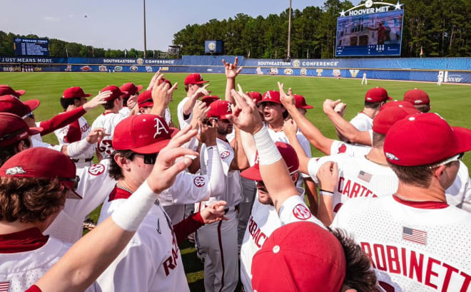 Arkansas baseball meets prior to its 5-4 win over the LSU Tigers at the SEC Tournament on Thursday.