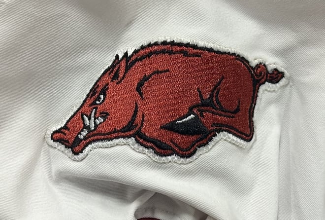 Close-up of the full color Razorback patch on the shoulder of Arkansas' 2024 white game jerseys.