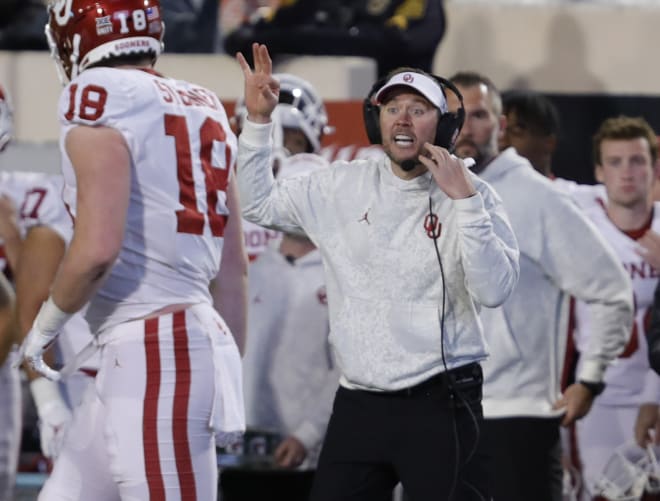 Oklahoma Sooners head coach Lincoln Riley yells to his team during the second half against the Oklahoma State Cowboys at Boone Pickens Stadium. Oklahoma State won 37-33. Mandatory Credit: Alonzo Adams-USA TODAY Sports