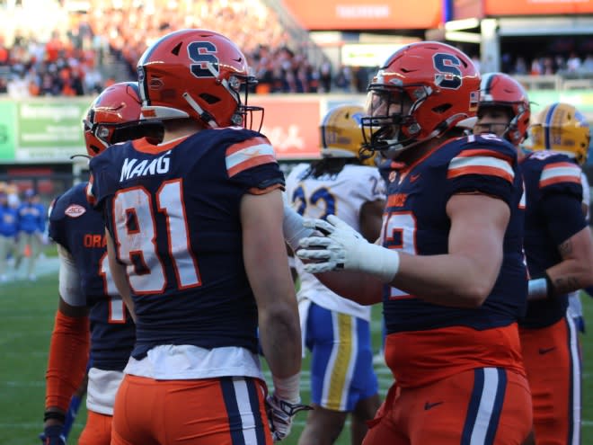 Nov 11, 2023; New York, New York, USA; Syracuse Orange tight end Maximillian Mang celebrates a touchdown during the first half at Yankee Stadium. Mandatory Credit: Brett Gustin-The Juice Online.