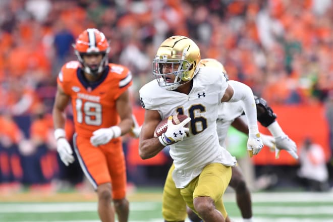 Notre Dame safety Brandon Joseph returns an interception 29 yards for a TD in ND's road upset of Syracuse on Saturday.