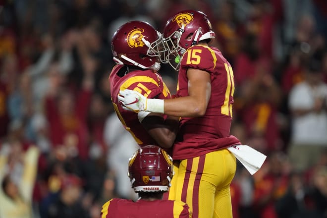 USC wide receivers Tyler Vaughns (21) and Drake London (15) celebrate during the Trojans' 45-20 win over Stanford.