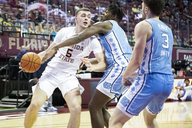Florida State center Balsa Koprivica looks to work inside against North Carolina's stingy front-court defense during the teams' first meeting.