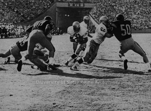 Notre Dame fullback Larry Conjar finds a hole to score Notre Dame's first touchdown in the 51-0 win at USC in 1966.
