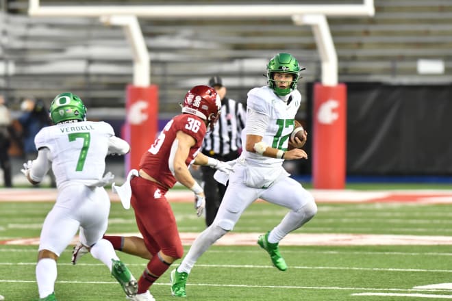 Tyler Shough overcame some early nerves to run for 81 yards and pass for 312 and four touchdowns, leading the Ducks to a 43-29 win in Pullman.