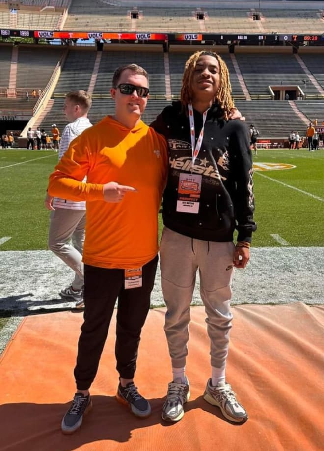 2027 Grayson (Ga.) DB Jett Watson connects with Steven Ruzic during spring game visit. (Photo provided by a parent of Jett.)