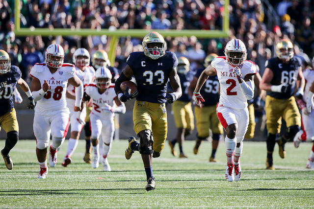 Josh Adams busted loose for 73- and 59-yard touchdown runs in the first quarter.