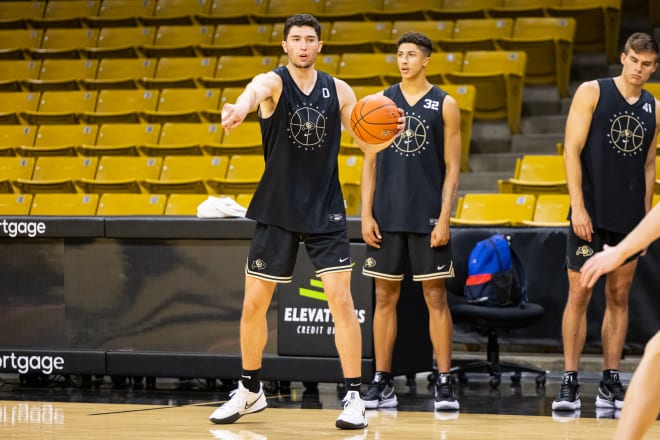 Luke O'Brien handles the ball during a recent practice at the CU Events Center in Boulder. Colorado's 2021-2022 regular season opener is Nov. 9 vs. Montana State.