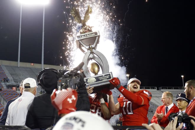 Dec 16, 2023; Shreveport, LA, USA; Texas Tech Red Raiders linebacker Jacob Rodriguez (10) reacts after raising the Independence Bowl trophy after defeating the California Golden Bears at Independence Stadium.