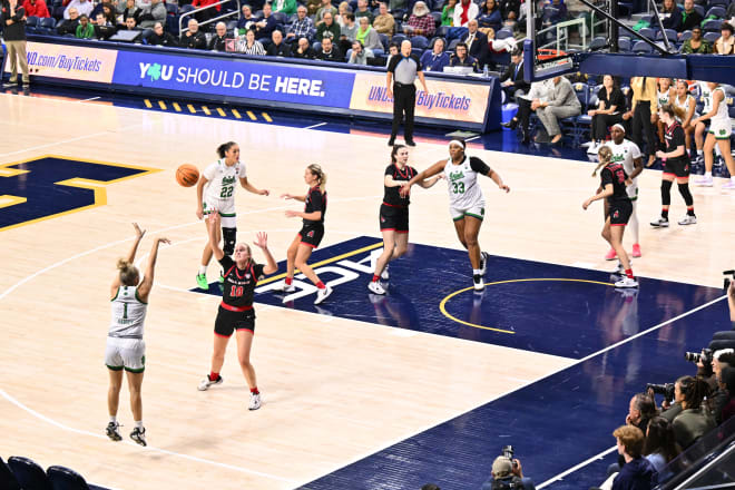 Grad senior Dara Mabrey (1) was hot from the 3-point line for the Irish, Sunday against Ball State.