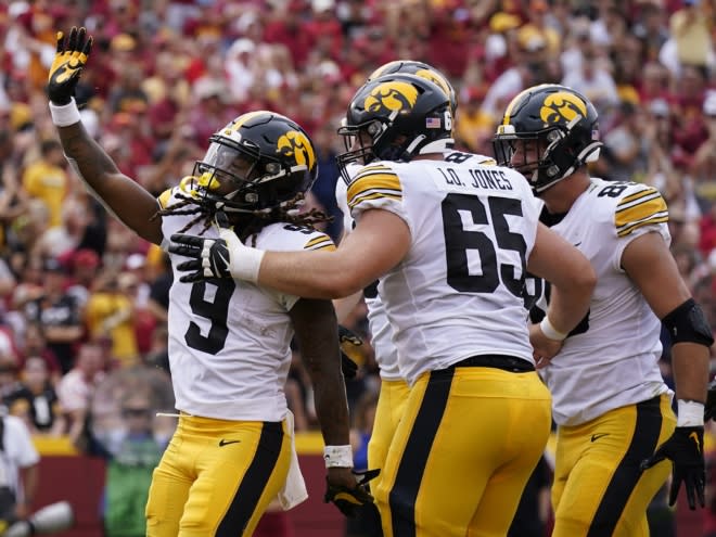 Jaziun Patterson celebrates after scoring Iowa's first touchdown against Iowa State on Saturday. 