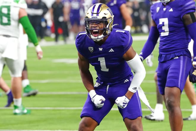 Washington Huskies cornerback Jabbar Muhammad (1) celebrates after making a play against the Oregon Ducks during the second quarter at Allegiant Stadium. Photo | Stephen R. Sylvanie-USA TODAY Sports