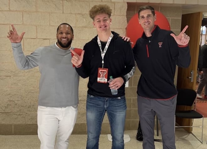 Kasen Long with Texas Tech Director of Player Personnel James Blanchard and Offensive Coordinator Zach Kittley