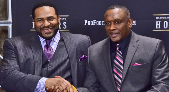 Former Notre Dame running back Jerome Bettis and former Notre Dame wide receiver Tim Brown getting enshrined into the Pro Football Hall of Fame