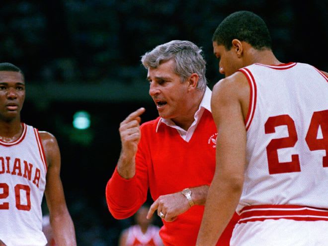 Indiana coach Bobby Knight gestures while instructing his players as the Hoosiers defeated UNLV, 97-93, in NCAA semi-final play, Saturday, March 30, 1987 in New Orleans. Indiana meets Syracuse in the championship game Monday night. (AP Photo/Bob Jordan)
