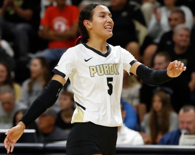 Purdue Boilermakers Taylor Anderson (5) smiles after a Purdue Boilermakers point during the NCAA women s volleyball match against the Central Florida Knights, Thursday, Sept. 14, 2023, at Holloway Gymnasium in West Lafayette, Ind.
