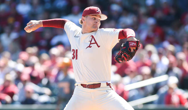 Arkansas right-hander Dylan Carter throws during the April 16 win over Tennessee.