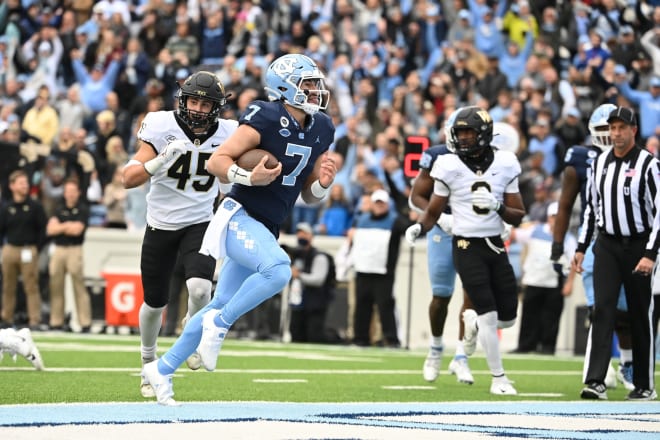 Sam Howell scores against Wake Forest on Saturday. 