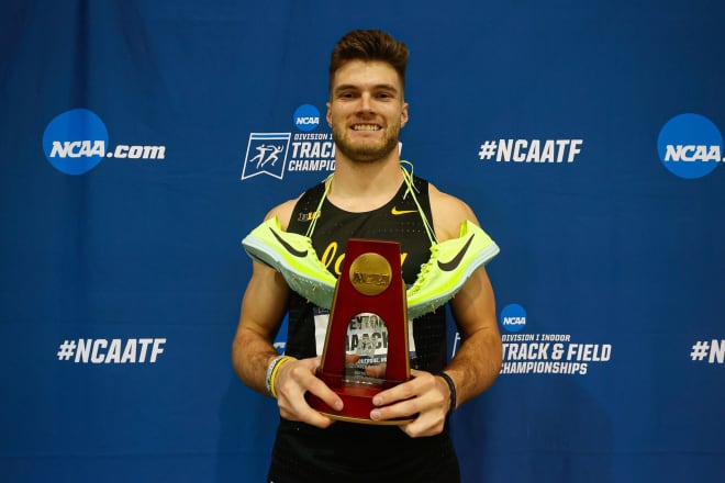 Iowa track and field athlete Peyton Haack celebrates his All-America honors.