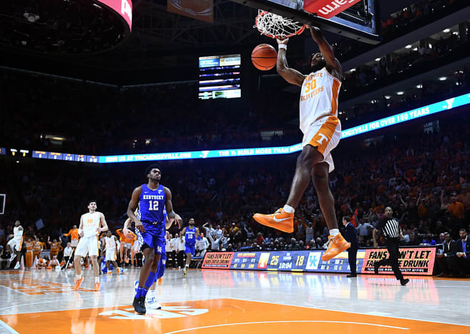 Tennessee's Josiah-Jordan James finished a breakout dunk against Kentucky on Tuesday night at Thompson-Boling Arena in Knoxville. 