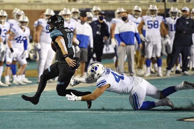Grayson McCall and Coastal Carolina are 10-0 after handing BYU its first loss,.
