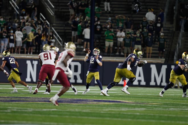 Notre Dame quarterback Ian Book threw for 201 yards and produced three touchdowns in the 42-26 win against Florida State
