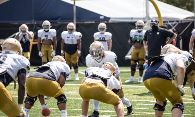 Notre Dame Fighting Irish football players at practice