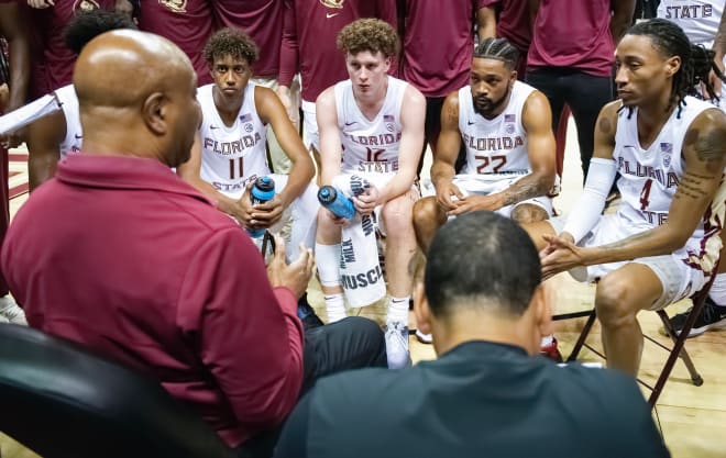 Leonard Hamilton gives instructions during the Seminoles' exhibition game.