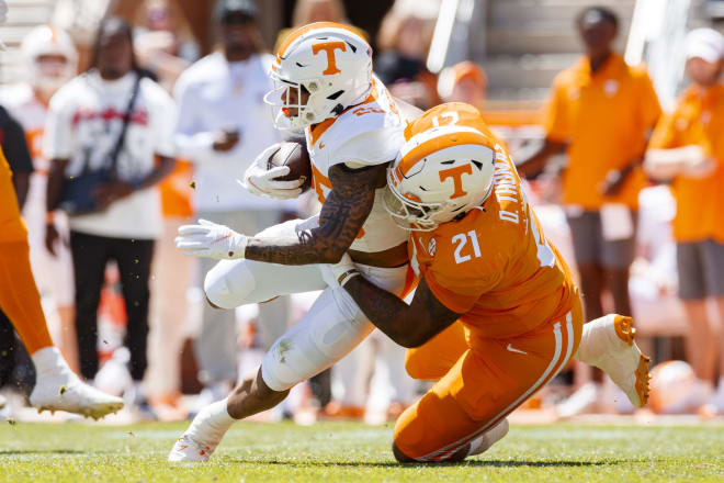 KNOXVILLE, TN - April 13, 2024 - Running back DeSean Bishop #25 and Defensive lineman Omari Thomas #21 of the Tennessee Volunteers during the 2024 Orange and White game at Neyland Stadium in Knoxville, TN. Photo By Kate Luffman/Tennessee Athletics