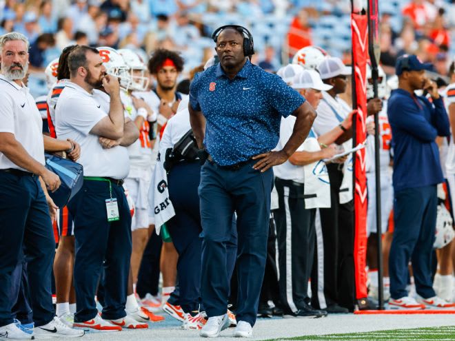 Oct 7, 2023; Chapel Hill, North Carolina, USA; Syracuse Orange head coach Dino Babers walks along the sideline during the second half of the game against North Carolina Tar Heels at Kenan Memorial Stadium. Mandatory Credit: Jaylynn Nash-USA TODAY Sports