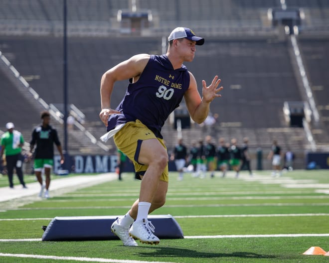Defensive end Alexander Ehrensberger (90) played in three games for ND as a reserve in 2022 after playing in 10 games in 2021.